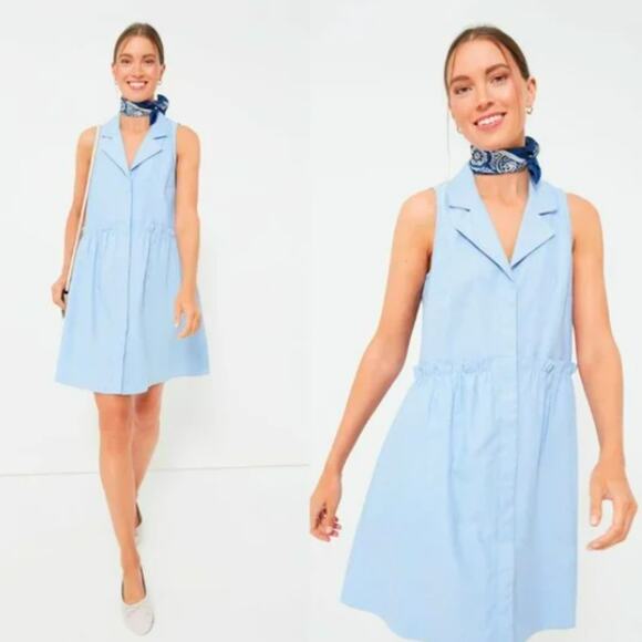 Tuckernuck Shirt Dress Oxford Royal Blue Sleeveless Ruffle Drop Waist V-Neck S